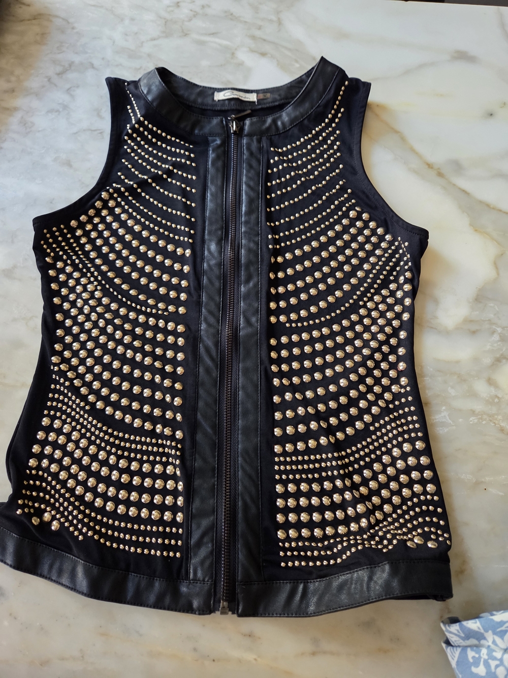 Black Studded Sleeveless Zip-Front Vest